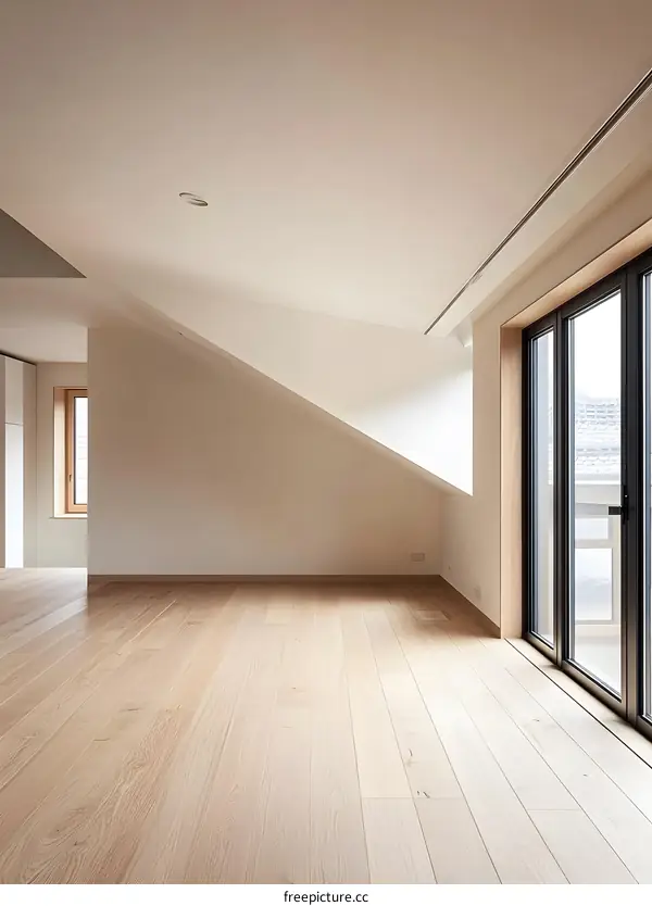 Empty Modern Room With Wooden Floor and Large Window