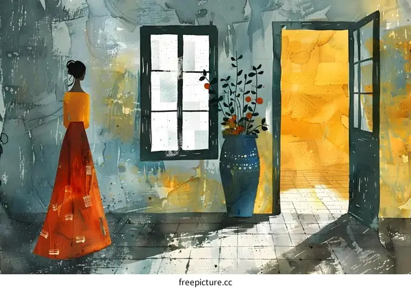 Woman in Red Dress Standing by Window and Open Door
