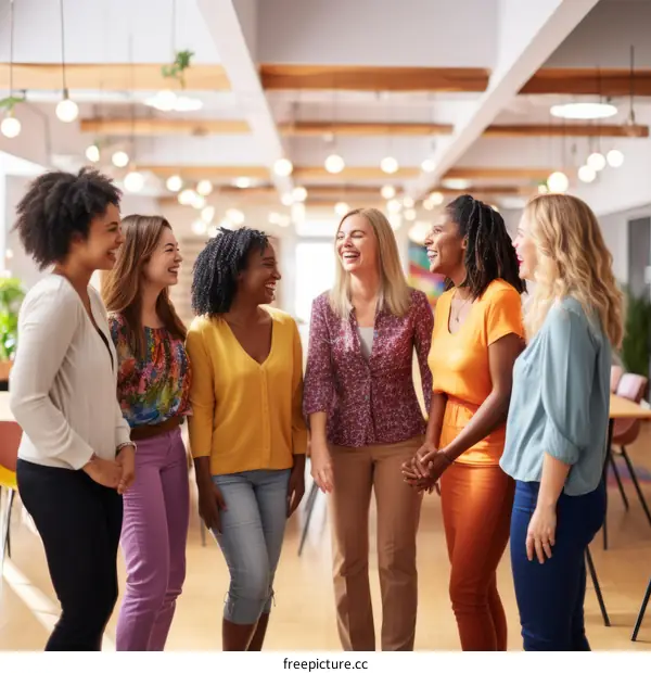 A group of diverse women standing together and smiling
