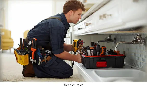 Handyman installing a sink in a kitchen