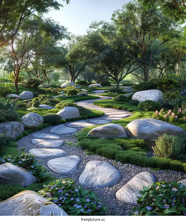 Stone winding path through a lush green garden