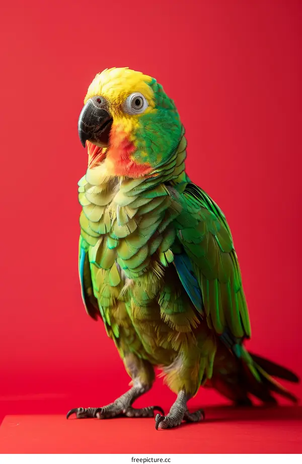 Yellow-Headed Parrot with Green Feathers on Red Background