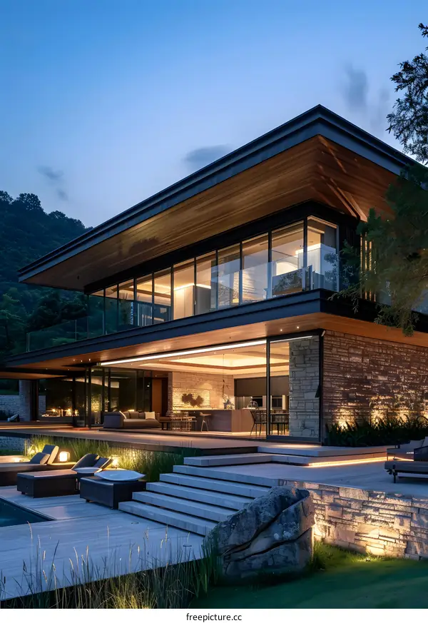 Modern House with Large Windows and a Pool