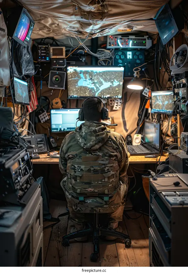 Soldier working in a tent full of military equipment