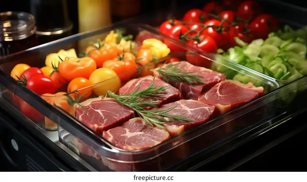 Fresh Meat and Vegetables in the Refrigerator