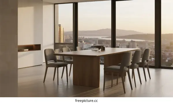 Modern Dining Room with Large Windows and City View