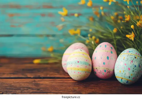 Colorful Easter Eggs on Wooden Background