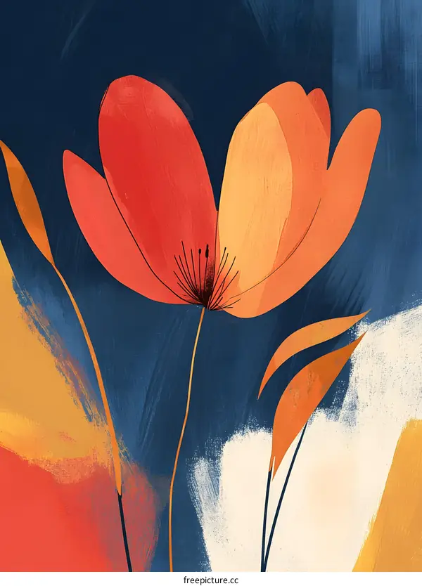 Abstract Flower Painting with Orange and Red Tones