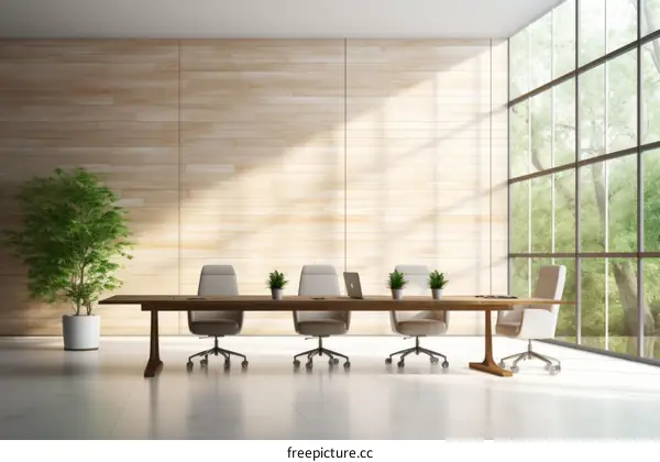 Modern Office Interior with Large Windows and Wooden Wall