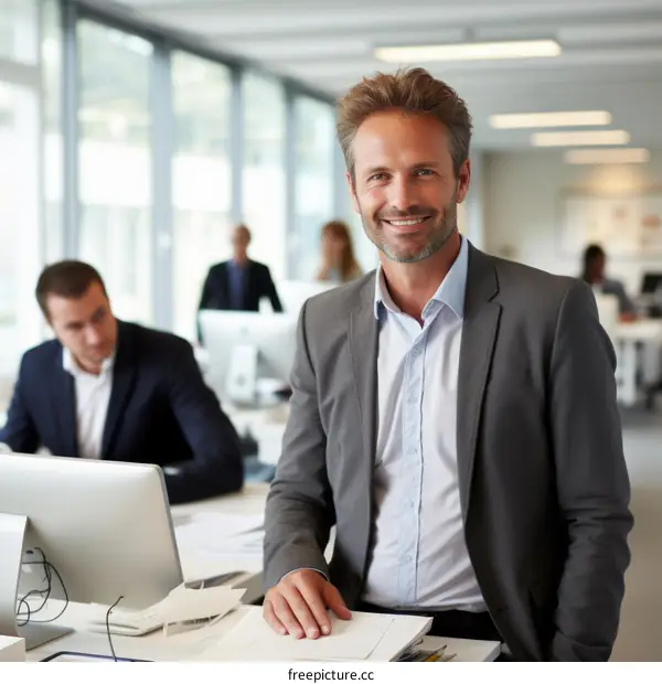Businessman in modern office smiling at camera