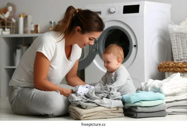 Mother and Baby Doing Laundry Together