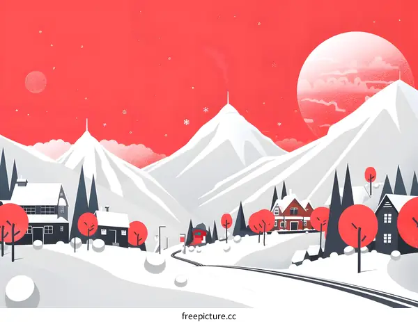Snowy Mountain Village Winter Illustration