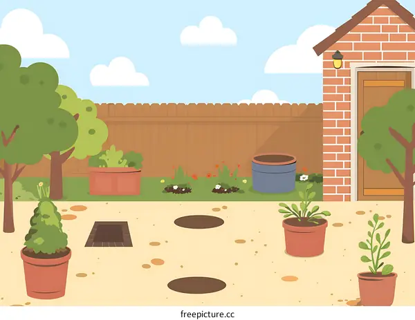 Backyard Garden Illustration with Wooden Fence