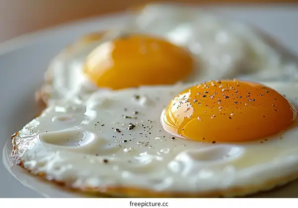 Fried eggs with runny yolks on a white plate