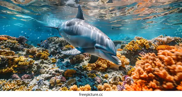 Bottlenose Dolphin Swimming Over Vibrant Coral Reef in the Red Sea