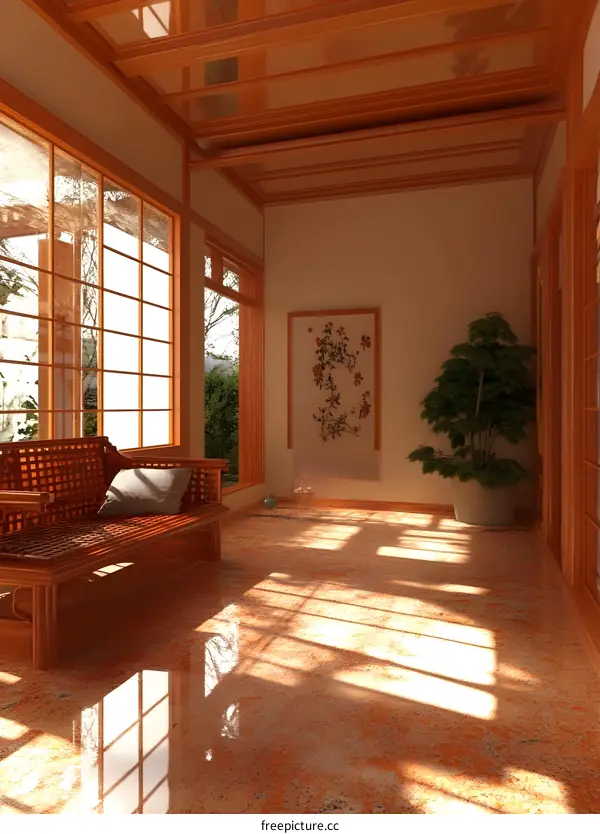 Modern Japanese Style Interior Design With Wooden Floor And Bench