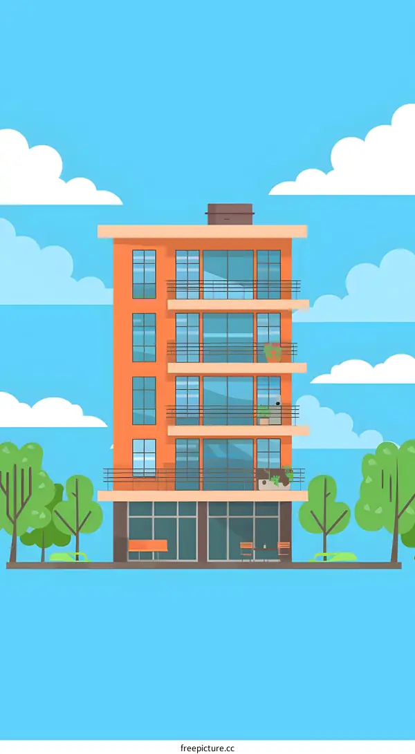 Modern Apartment Building with Balcony and Trees