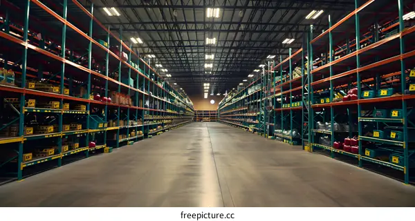 Large Empty Warehouse With Rows Of Shelves