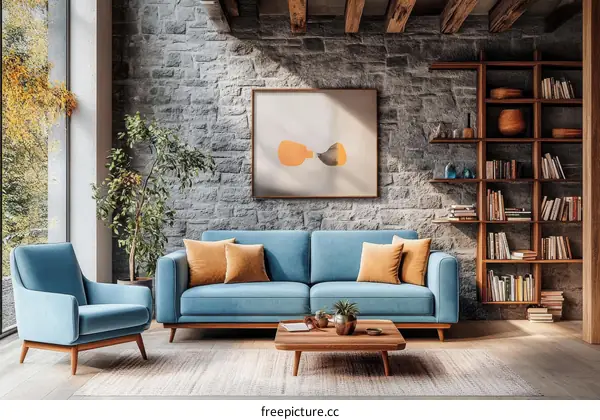 Modern Living Room Interior Design with a Stone Wall