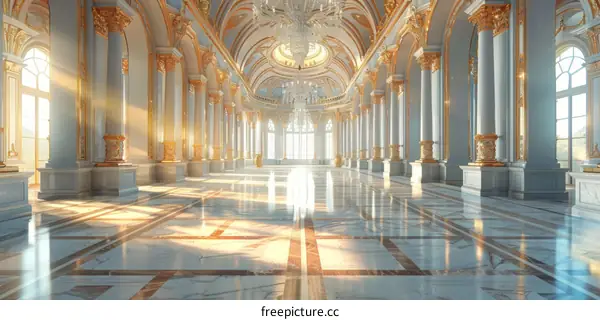Luxurious Ballroom with Marble Flooring and Crystal Chandeliers