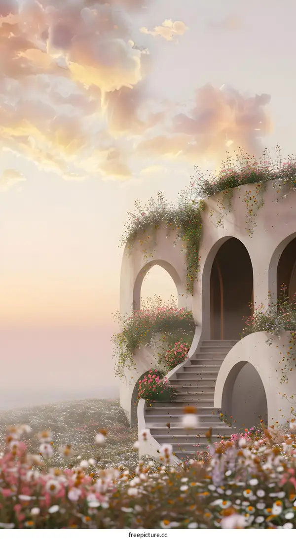 Abstract Architecture with Flowers and a Cloudy Sky