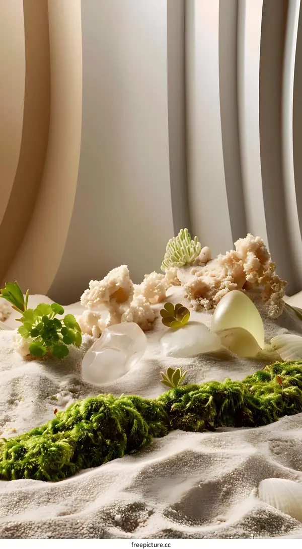 White Sand, Green Moss, and White Coral on a White Background