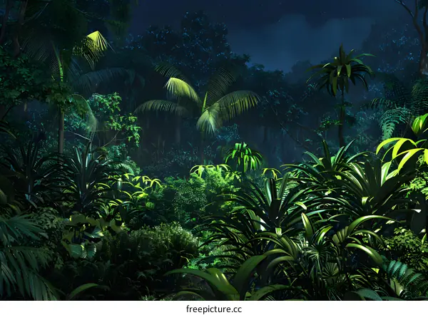Tropical Rainforest Night Scene with Lush Greenery and Palm Trees