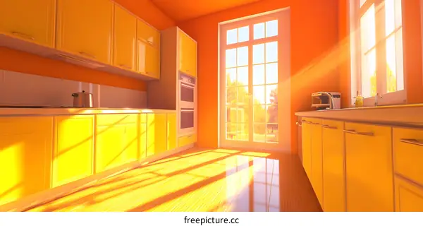 Modern Kitchen Design With Yellow Cabinets And Sunlight Streaming Through Window