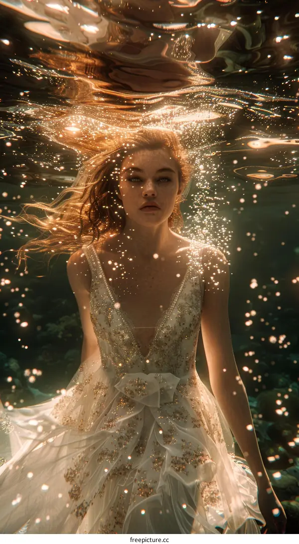 A woman in a white dress is swimming underwater. She has long blond hair and her eyes are open. The water is clear and blue-green, and there are sparkles of light all around her.