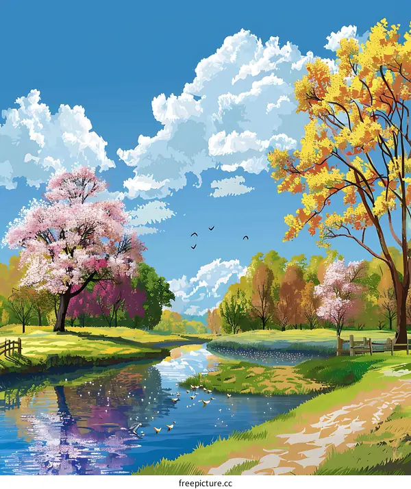 Beautiful Spring Landscape with River and Sky