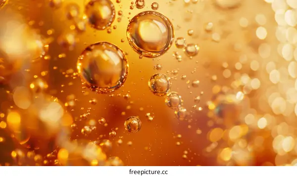 Close-up of bubbles in amber liquid