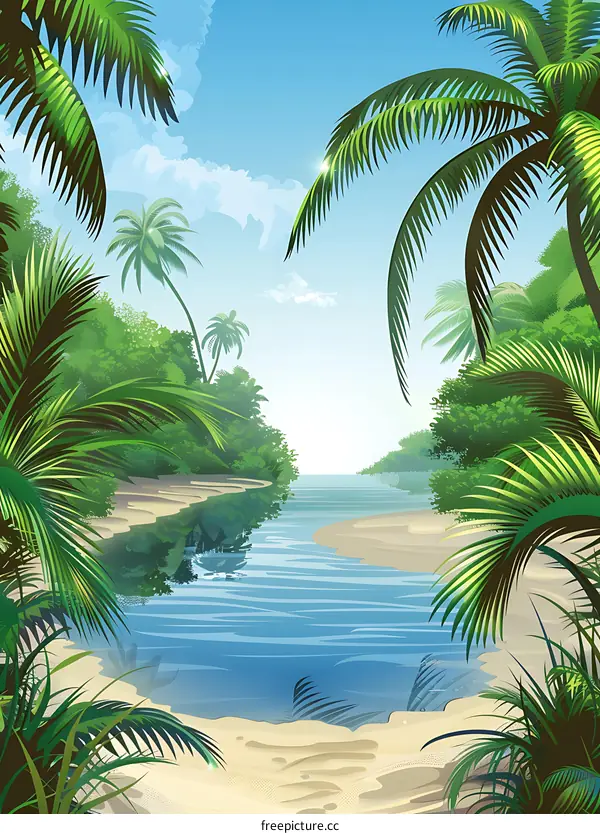 Tropical Paradise Illustration With Palm Trees And River