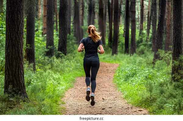 Woman Running Through a Forest Path