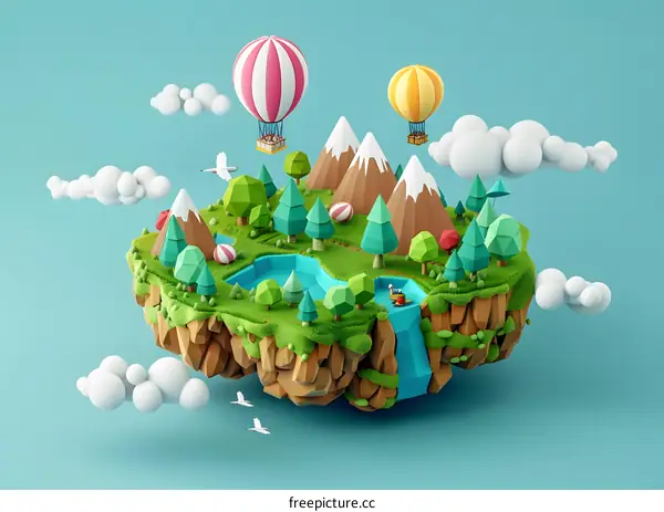Low Poly Illustration of Floating Island with Hot Air Balloons and Mountains