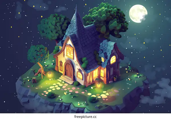 Fantasy Nighttime Cottage with Stars and Moon