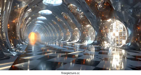 Reflective Sci-Fi Corridor with Bright Lights