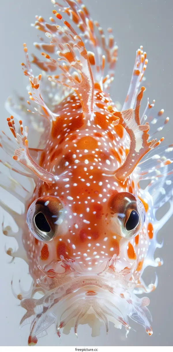 A close up image of a red and white fish with large eyes and a large number of fins