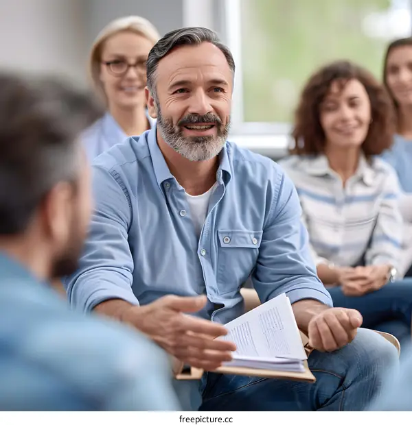 Group of People Sitting in Circle Talking and Listening to Presenter