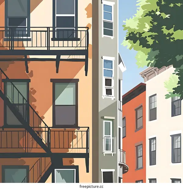 Colorful Cityscape with Buildings and Fire Escape