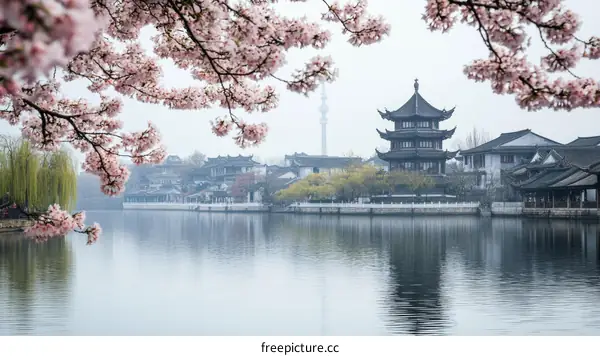 Beautiful Spring Scenery with Cherry Blossoms and Traditional Chinese Architecture
