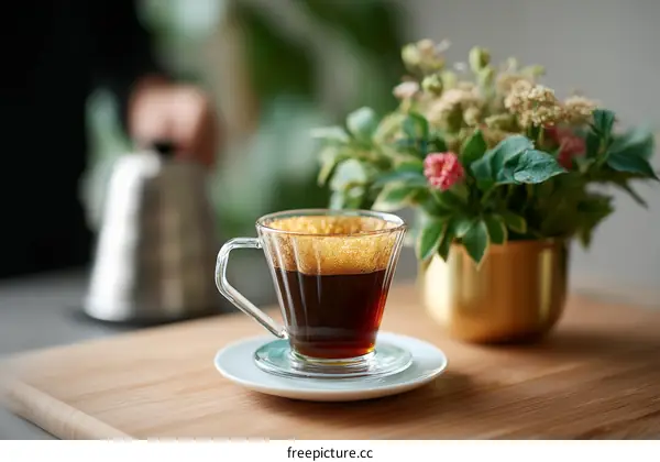 Aromatic Coffee Cup on Wooden Table with Flowers