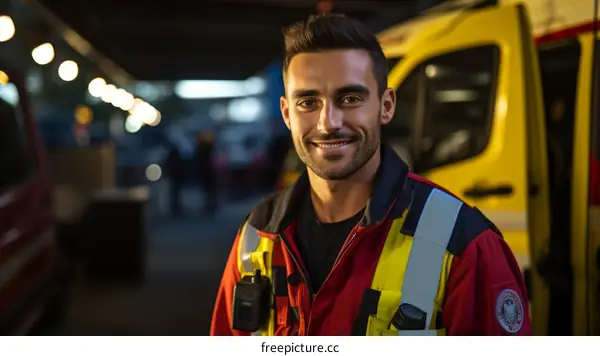 Portrait of a smiling young male paramedic in uniform standing in front of an ambulance