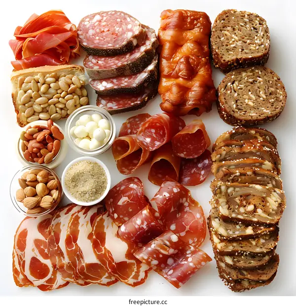 Gourmet Food Platter with Salami, Prosciutto, Bread and Nuts