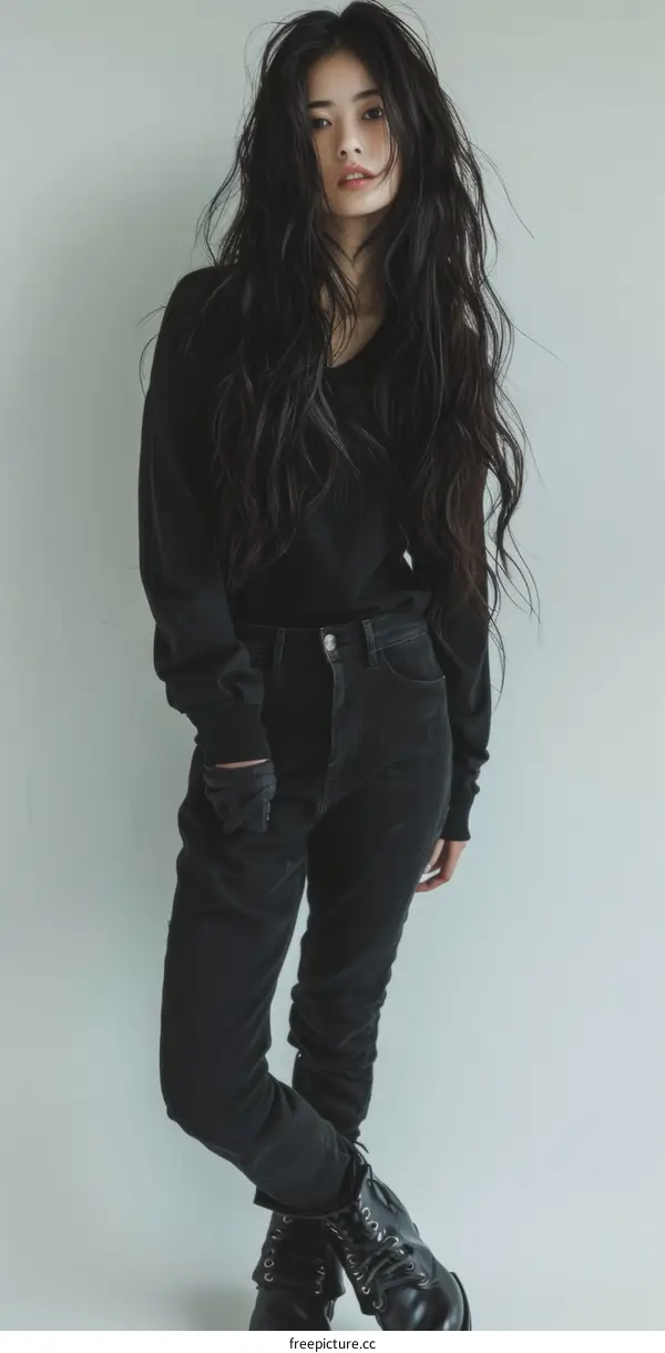 Asian woman with long black hair wearing black clothes