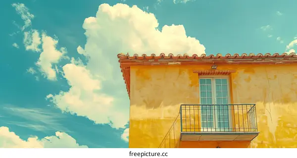 Yellow building with a balcony and a blue sky with clouds in the background