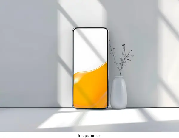 Minimalist Smartphone Mockup with White Background and Yellow Liquid