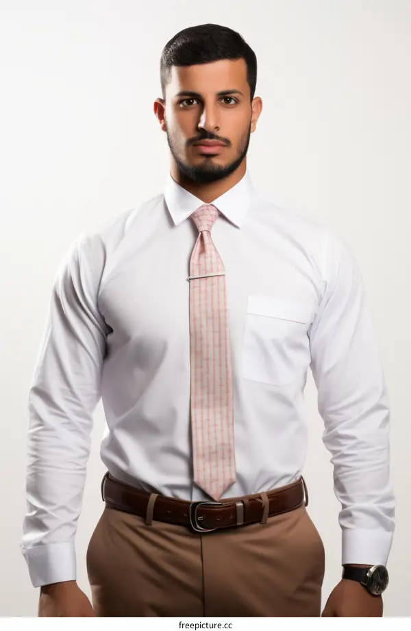 A man wearing a white shirt and brown pants