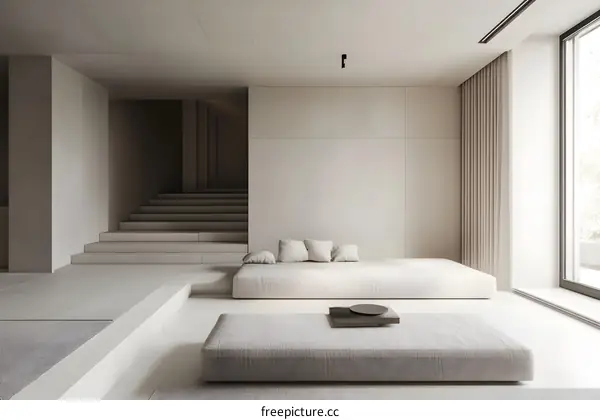 Minimalist Living Room Interior Design with White Walls and Concrete Floor