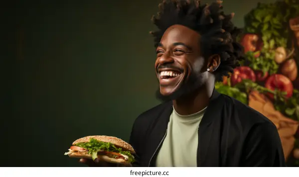 Joyful black man eating a sandwich