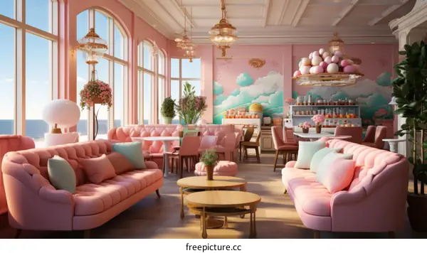 Pink and blue pastel color furnished restaurant interior